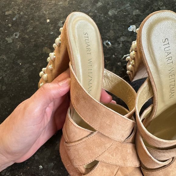 Stuart Weitzman Shoes - Stuart Weitzman Beige Heels with Pearl Accents